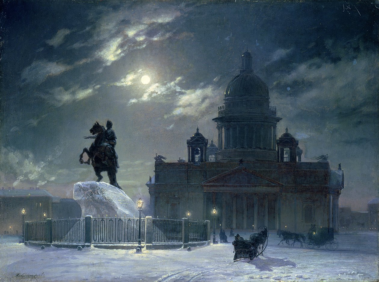 Udsigt til monumentet for Peter den Store på Senatspladsen, Sankt Petersborg, 1870 af Vasilij Ivanovic Surikov