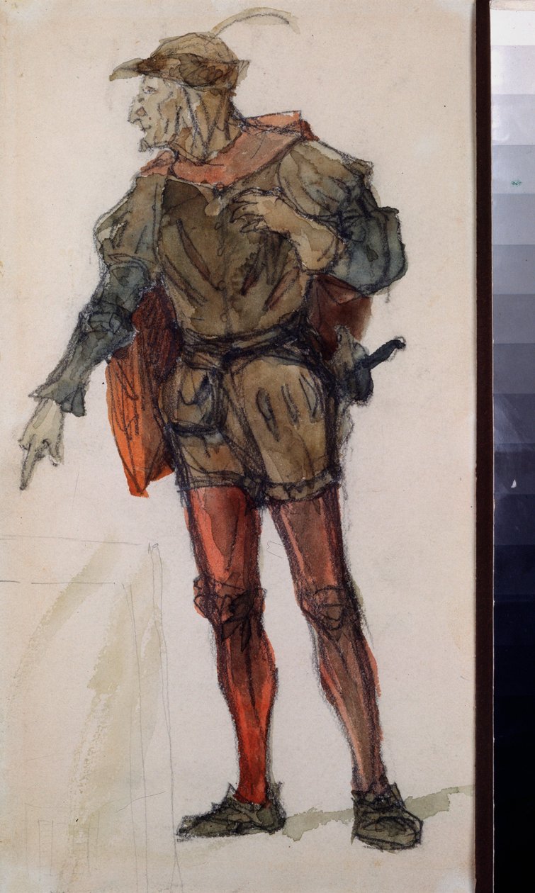 Mandskostume til operaen ""Faust"" af Charles Gounod (1818-1893) - Kostumedesign til operaen Faust af Charles Gounod - Værk af Vasili Dmitrievich Polenov (1844-1927), blyant og akvarel på papir af Vasilij Dmitrievich Polenov