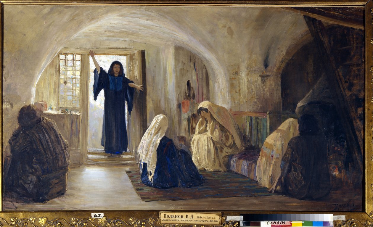 Triggering Tears of Joy (En strålende ung kvinde træder ind i et hus, hvor alle sidder og mopper og græder) (Indvarslet en tårevækkende glæde) - Maleri af Vasili Dmitrievich Polenov (1844-1927), olie på lærred (80x141 cm),1899-1905 - Stat af Vasilij Dmitrievich Polenov