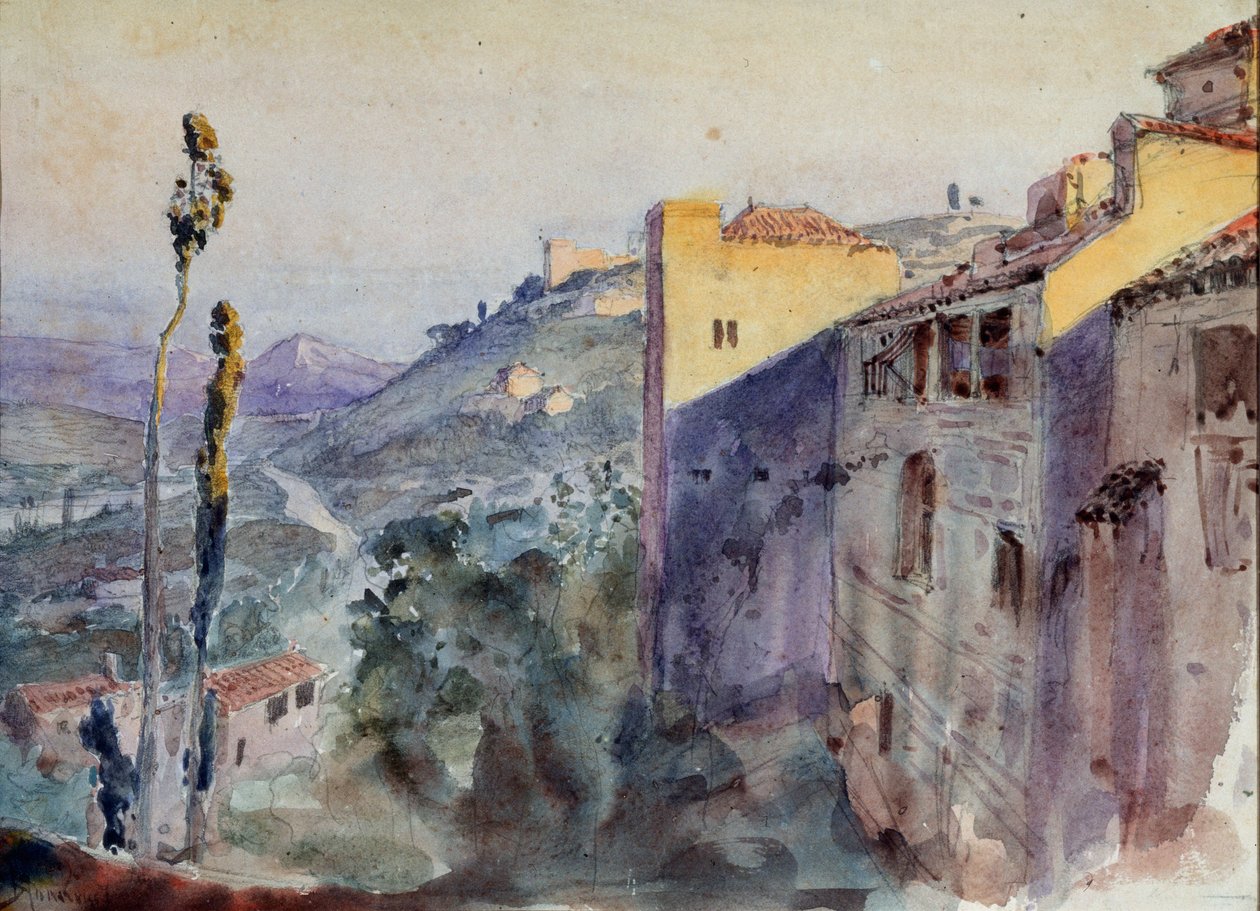 Forberedende indretning til operaen ""Den skarlagenrøde rose"" af Nikolai Krotkov - Scenografi til operaen Den skarlagenrøde rose af N. Krotkov - Værk af Vasili Dmitrievich Polenov (1844-1927), blyant og akvarel på papir af Vasilij Dmitrievich Polenov