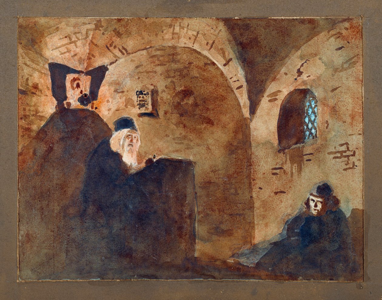 Forberedende indretning, hvælvet rum, til operaen ""Boris Godounov"" af Modeste Mussorgsky (Mussorgsky) (1839-1881) - Scenografi til operaen Boris Godunov af M Musorgsky - Værk af Vasili Dmitrievich Polenov (1844-1927), akvarel og gouache på pap af Vasilij Dmitrievich Polenov
