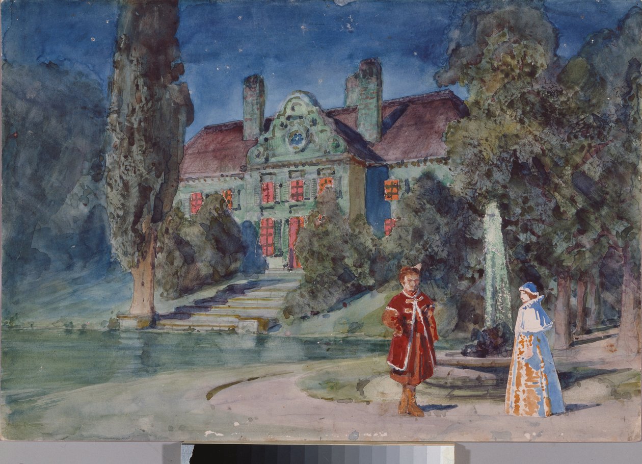 Forberedende indretning, en have foran et hus, til operaen ""Boris Godounov"" af Modeste Moussorgsky (1839-1881) - Scenografi til operaen Boris Godunov af Modeste Musorgsky - Værk af Vasili Dmitrievich Polenov (1844-1927) , akvarel og gouache på af Vasilij Dmitrievich Polenov