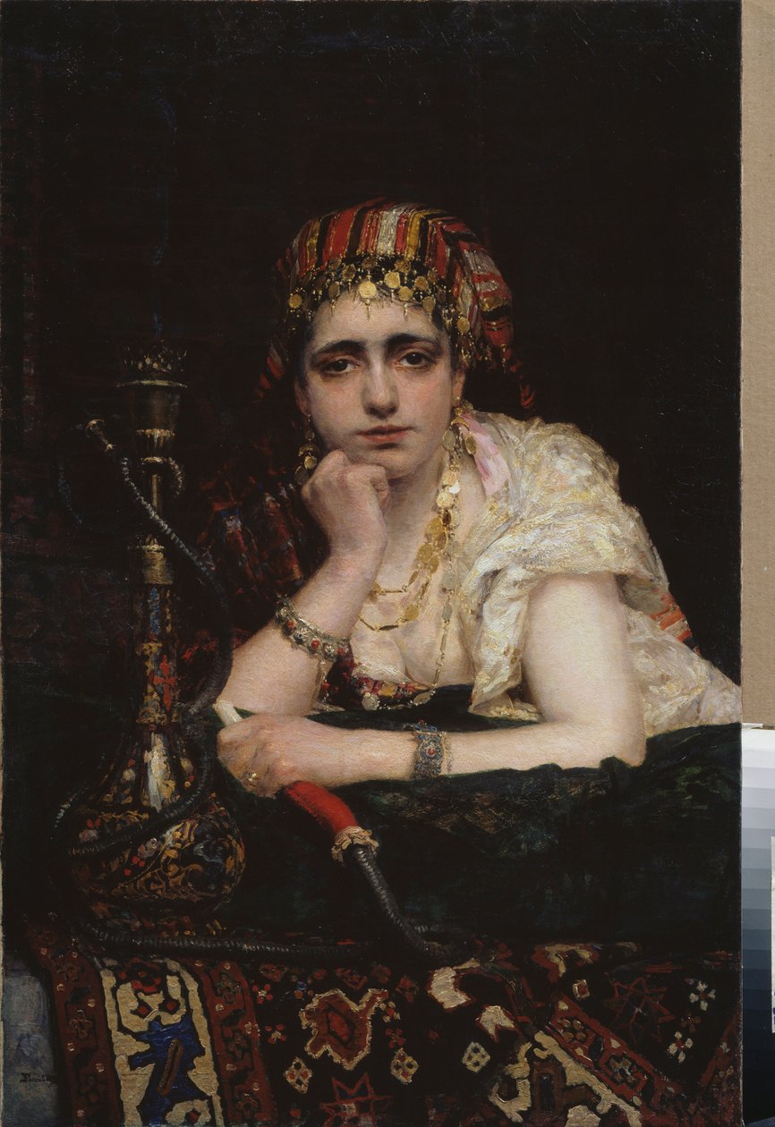 En odalisk. (Portræt af en haremskvinde, med et melankolsk blik, der holder en vandpibe). Maleri af Vasili Dmitrievich Polenov (1844-1927), olie på lærred. 1800-tallet russisk kunst, orientalisme. Den Hviderussiske Republiks nationale kunstmuseum, Minsk (B af Vasilij Dmitrievich Polenov