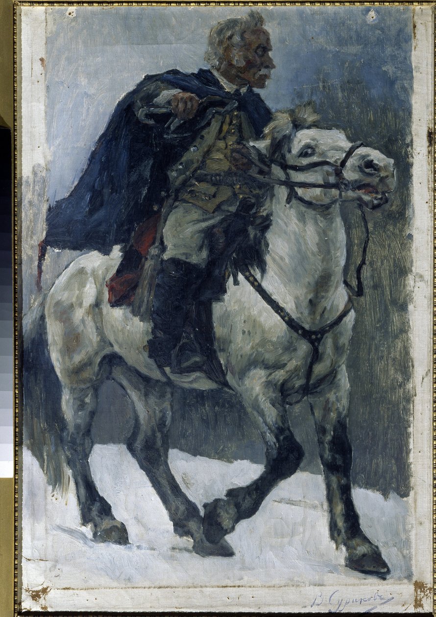 Alexander Suvorov (1729-1800) til hest. (Alexander Suvorov til hest). Den russiske helt beskrives, da han krydser Alperne, i spidsen for russiske tropper, under det italienske felttog (1799-1800). Maleri af Vasilli Ivanovich Surikov (Vasily Surik af Vasilij Ivanovic Surikov