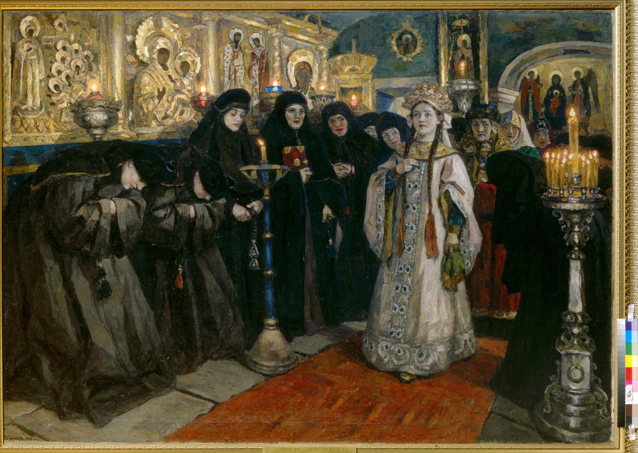 Storhertuginden på besøg i et kloster. (Tsarevna besøgte et nonnekloster). Maleri af Vasilli Ivanovich Sourikov (Vasily Surikov eller Vasily Surikow) (1848-1916), olie på lærred af Vasilij Ivanovic Surikov