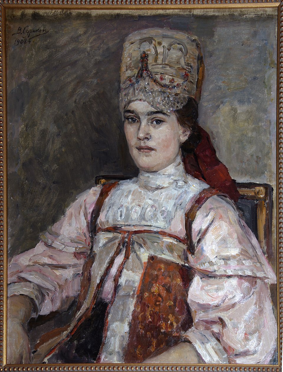 Portræt af Natalia Fyodorovna Matveyeva - Peinture de Vasilli Ivanovich Sourikov (Vasily Surikov ou Vassili Surikow) (1848- 1916), huile sur toile (69x58 cm) 1908 - Portræt af Natalia Fyodorovna Matveyeva af Vassili Ivan Surikow, Olie på lærred af Vasilij Ivanovic Surikov