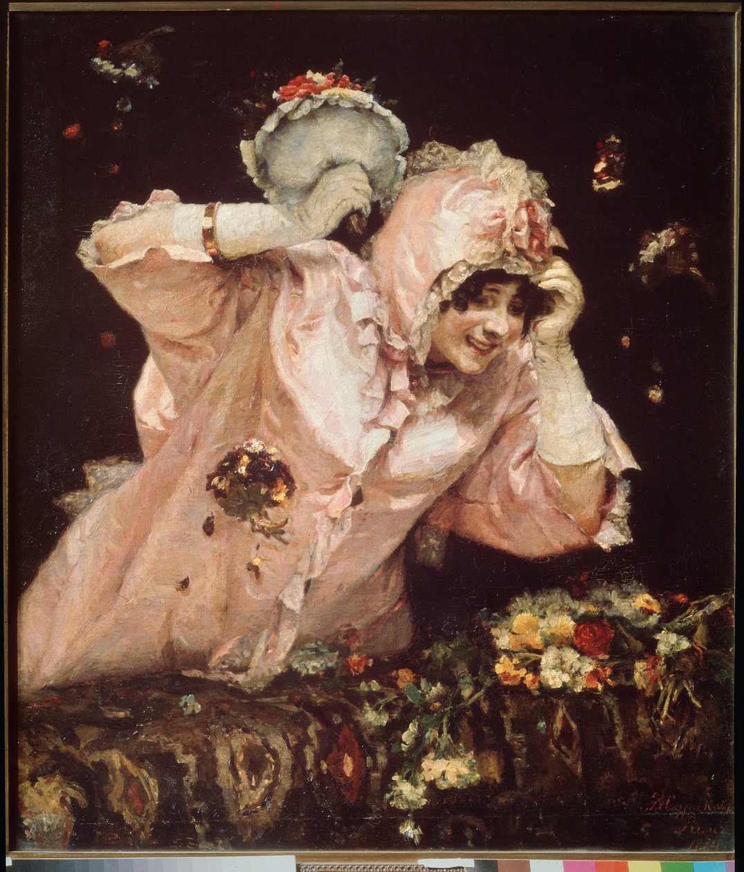 Karnevalsscene i Rom (Italien) (En ung kvinde, der læner sig op på en balkon, modtager og kaster buketter med blomster) - Karnevalsscene i Rom - Maleri af Vasilli Ivanovich Surikov (Vasily Surikov eller Vassili Surikow) (1848-1916), olie på nettet af Vasilij Ivanovic Surikov