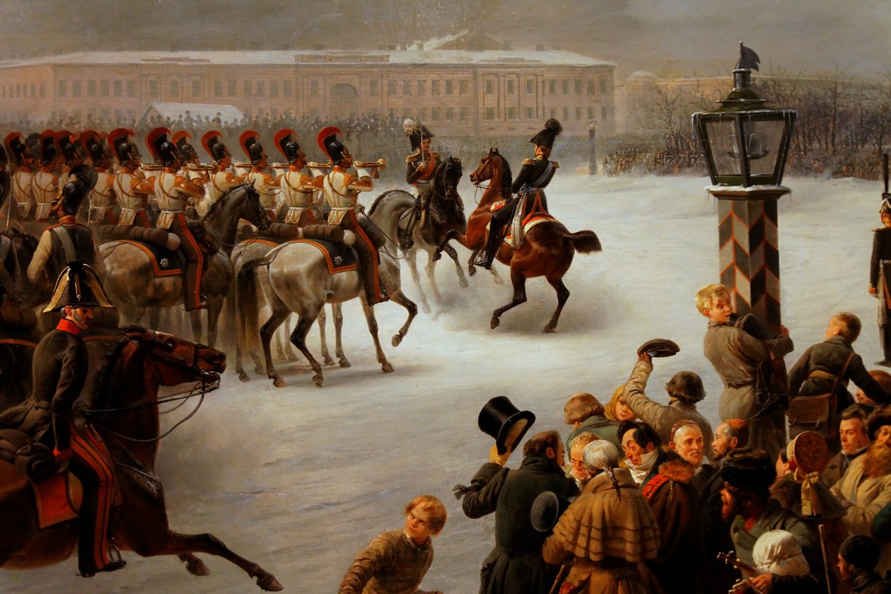 Angreb på decabristernes firkant af regimentet af monterede vagter den 14. december 1825 af Georg Wilhelm Timm