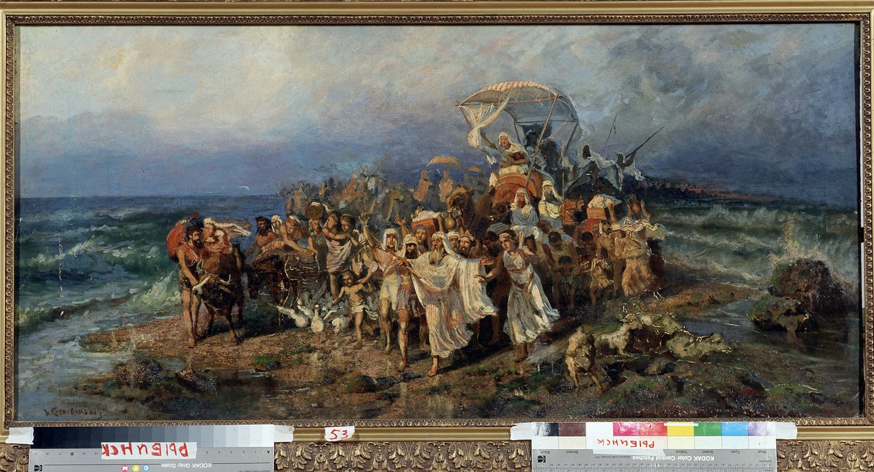 Israelitterne krydser Det Røde Hav. Episode af udvandringen til Israels land af det jødiske folk, der flygtede fra slaveri og hærene fra Faraos Egypten. Maleri af Vasily (Vasili, Vasilii, Wilhelm) Alexandrovich Kotar af Vasily Alexandrovich Kotarbinsky