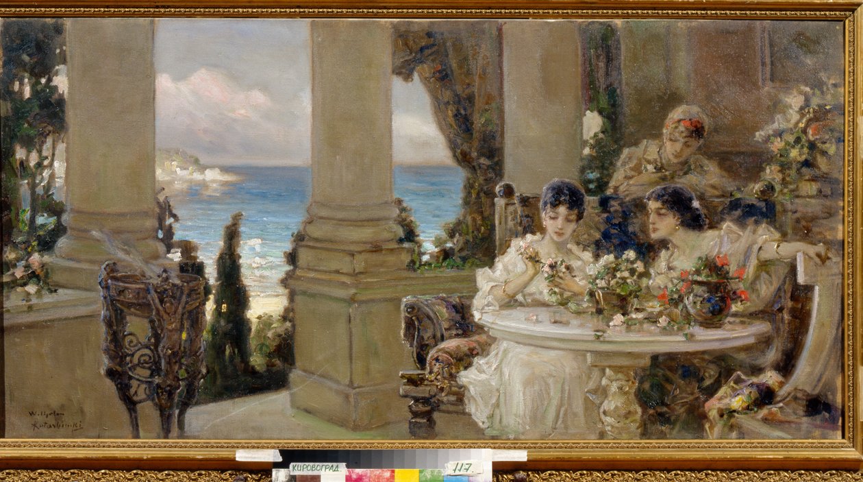 Sur la terrasse - Peinture de Vassili (Vasili, Vasilii, Wilhelm) Alexandrovich Kotarbinsky (Kotarbinski, Kotarbinskii) (1849-1921), huile sur toile - På terrassen, Olie på lærred af Vasilii Alexandrovich Kotarbinsky - Regionalt kunstmuseum, Kirovohrad af Vasily Alexandrovich Kotarbinsky