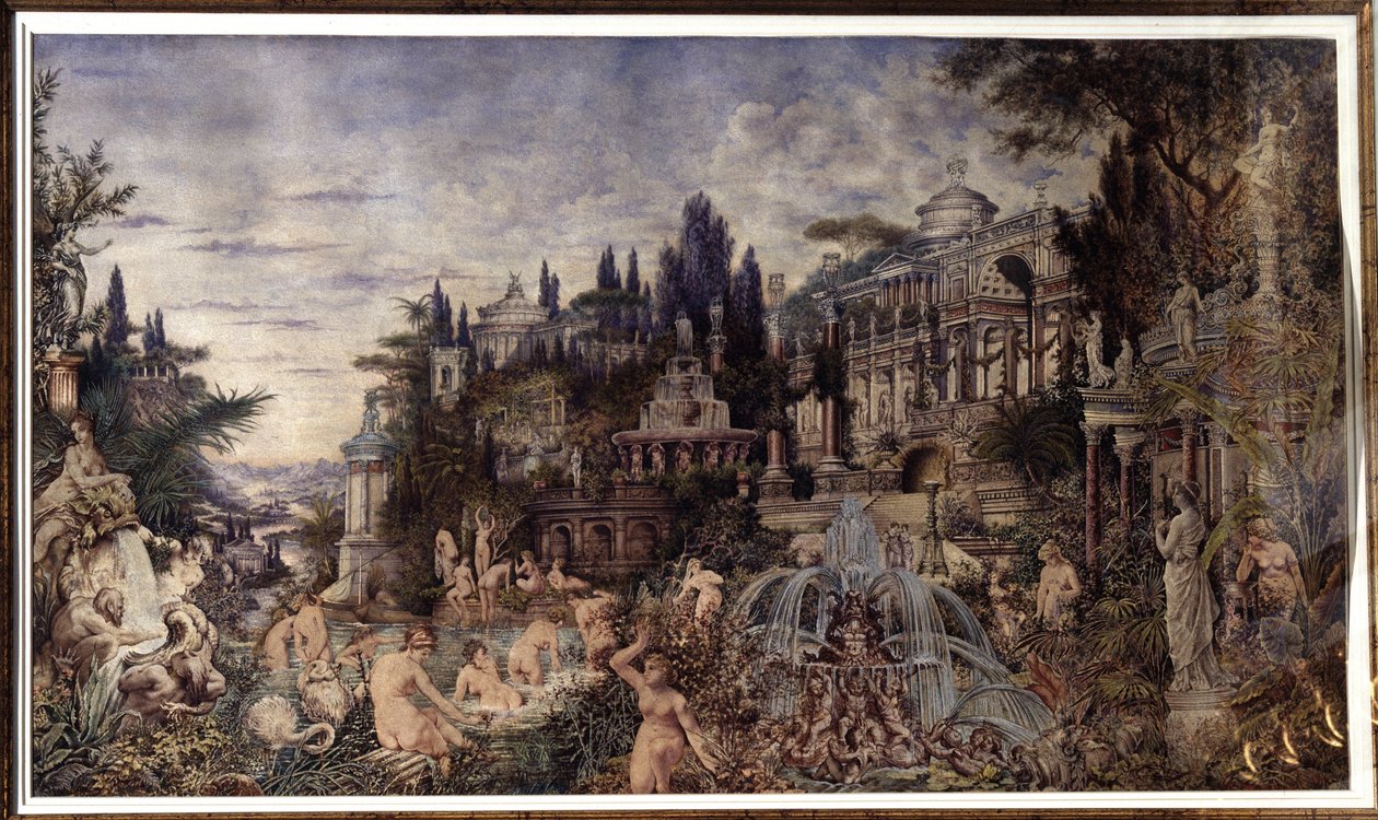 Et orgie (En orgie). Fejringsscene foran gamle romerske paladser, der samler en dionysisk kortege af satyrer og bacchanter i badescener. Værk af Vassili (Vasili, Vasilii, Wilhelm) Alexandrovich Kotarbinsky (Kotarbinski, Kot af Vasily Alexandrovich Kotarbinsky