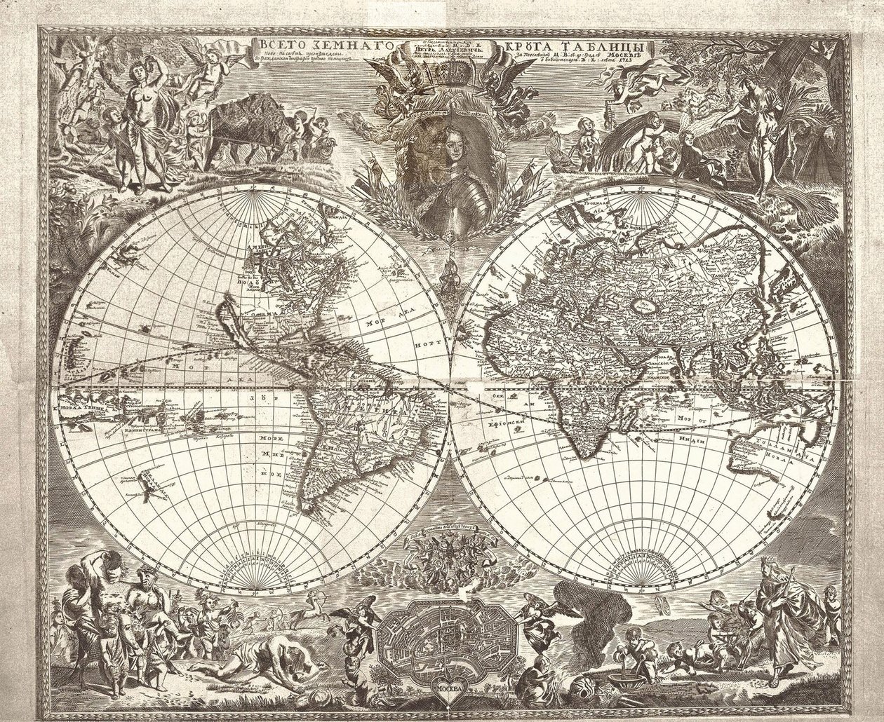 Dobbelt halvkugle kort over verden, 1713 af Vasily Anufrievich Kiprianov
