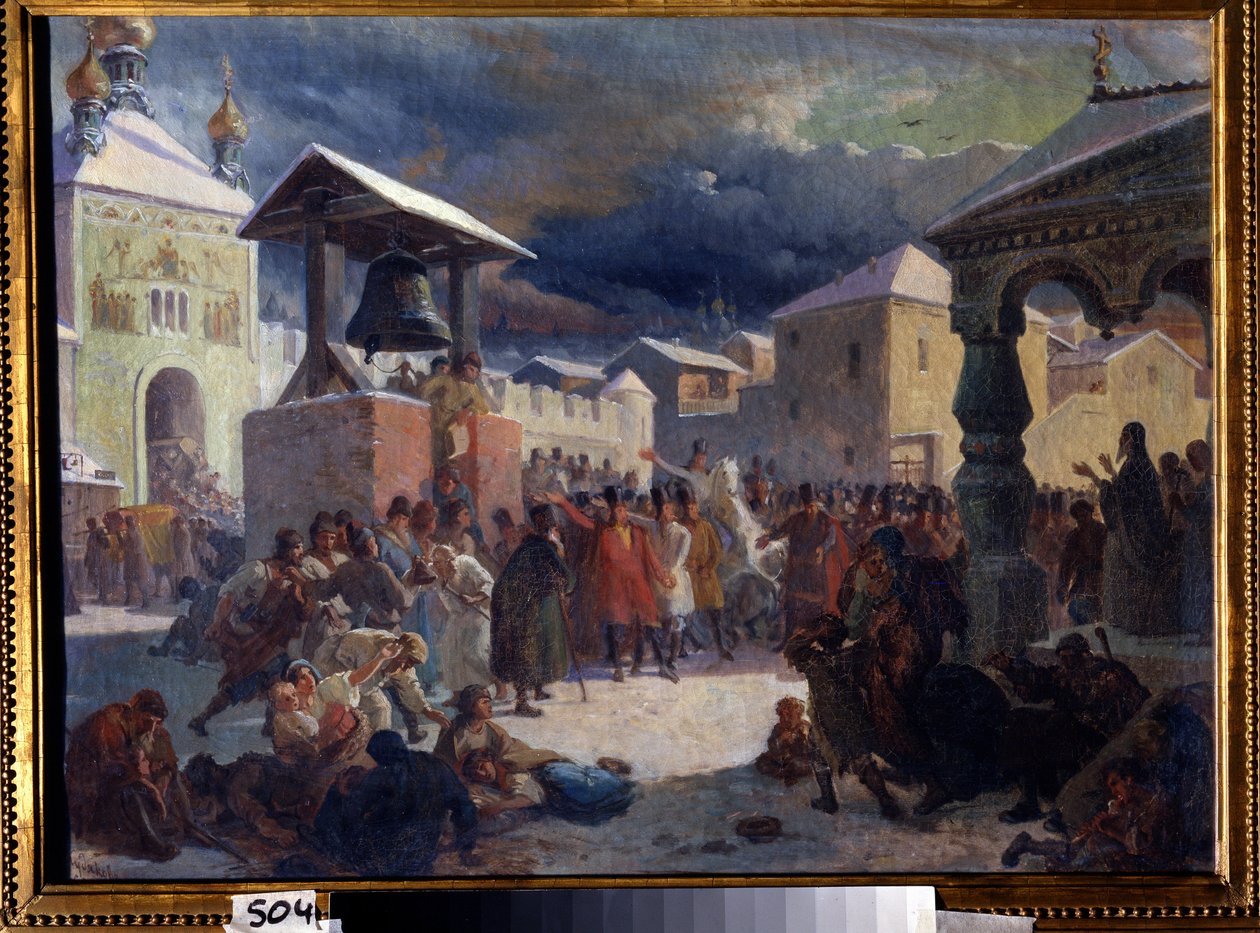 Veche (middelalderlige folkeforsamling af de slaviske lande) i republikken Novgorod (Veche i republikken Novgorod). Maleri af Vasili Grigorievich Khudyakov (1826-1871). Olie på lærred af Vasily Grigorievich Khudyakov