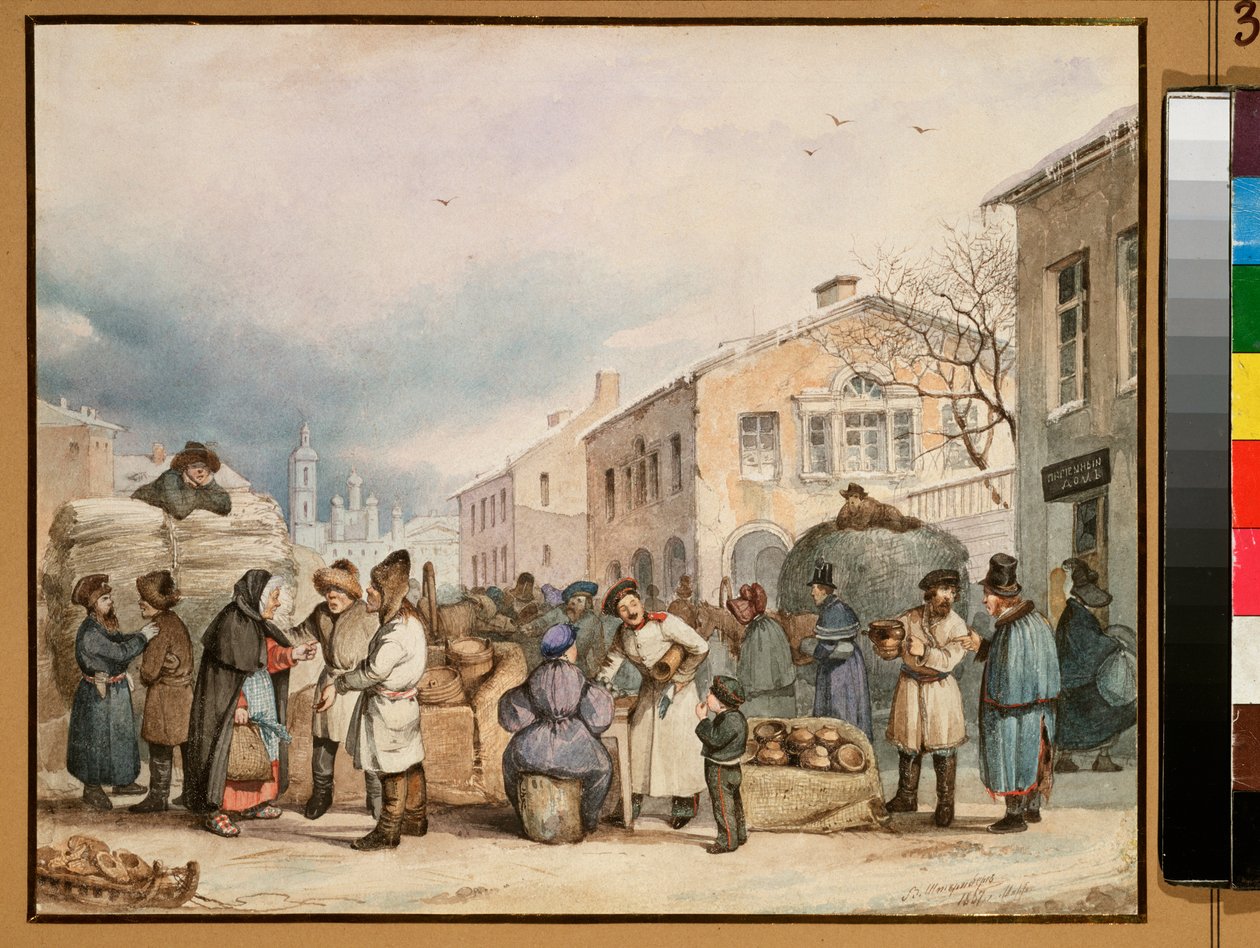 Hømarkedspladsen i Sankt Petersborg - Værk af Vasili Ivanovich Shternberg (1818-1845), akvarel på papir af Vasily Ivanovich Sternberg