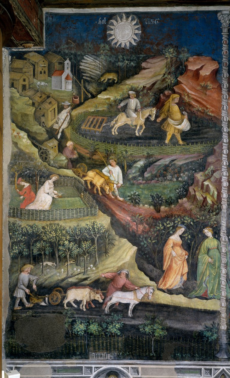 april: pløjning og såning af marker. Landbrugsscene med plov, harve og landbrugsredskaber på landet. Maleri af Månedens Mester eller Mester Wenceslas (Maestro dei Mesi eller Maestro Wenceslao på italiensk, begyndelsen af det 15. århundrede) r af Venceslao Maestro