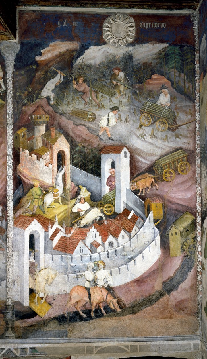 December: skovhuggerne samler træet og bringer det tilbage til byen Trento, hvor muren og slottet Buonconsiglio er repræsenteret. Maleri af Månedens Mester eller Mester Wenceslas (Maestro dei Mesi eller Maestro Wenceslao på italiensk, begyndende af Venceslao Maestro