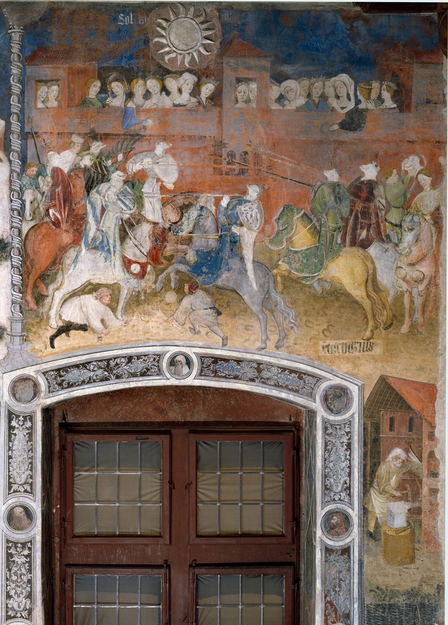 Februar måned: ridderturnering med tilskuere. Maleri af Månedens Mester eller Mester Wenceslas (Maestro dei Mesi eller Maestro Wenceslao på italiensk, begyndelsen af det 15. århundrede) restaureret af Marcello Fogolino omkring 1535. Fresco. Trento, af Venceslao Maestro