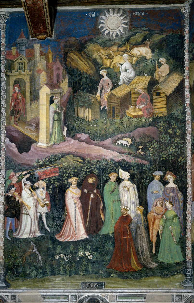 Juni måned: dans af damer og ryttere. Nederst behandler køer og ostefremstilling med mælk. Folk fyldt med mad kommer ud af slottet. Kardinal Bernardo Cles (1485-1539), sponsoren af maleriet, der blev lavet om af Fogolino, er repræsenteret i af Venceslao Maestro