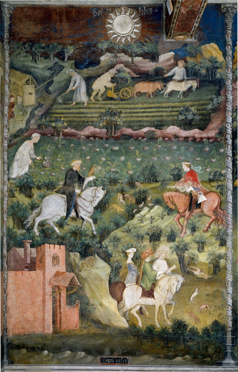 September: Falkejagt og markpløjning. Landbrugsscene med vogn trukket af okser og landbrugsredskaber. Maleri af Månedens Mester eller Mester Wenceslas (Maestro dei Mesi eller Maestro Wenceslao på italiensk, begyndelsen af det 15. århundrede) resto af Venceslao Maestro