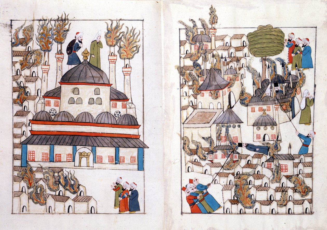 En brand i Konstantinopel i 1660. Miniature fra "" Turkish Memorials"" (codex Cicogna 1971 "Memorie Turchesche") Akvarel fra det 17. århundredes venetianske skole. af Venetian School