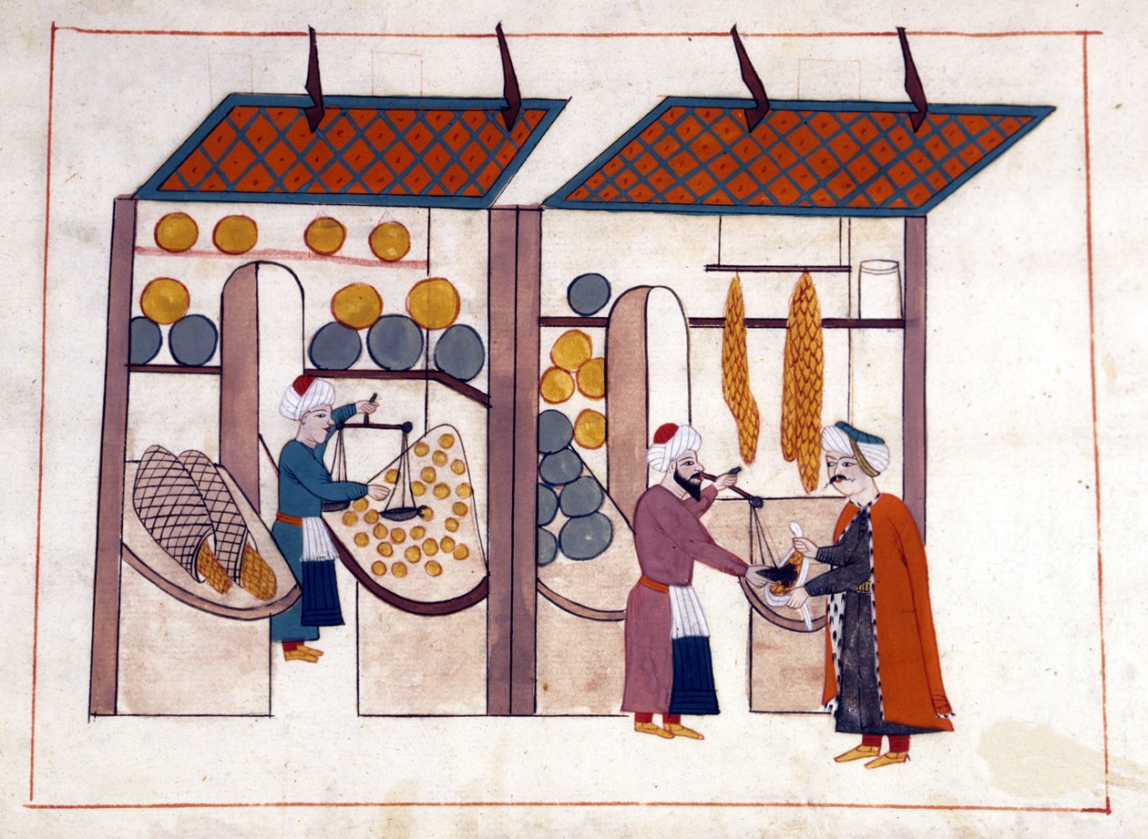 En frugt- og grøntsagshandler (fire sæsoner) i Konstantinopel, Tyrkiet under Det Osmanniske Rige. Miniature fra "" Turkish Memorials"" (codex Cicogna 1971 "Memorie Turchesche") Akvarel fra det 17. århundredes venetianske skole. af Venetian School