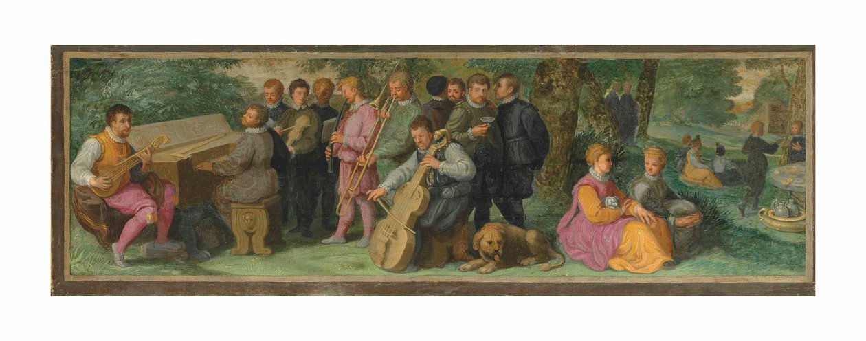 En pastoral koncert med elegante figurer, der spiller en cittern, en clavichord, en violin, en cornet, en trombone og en violoncello (olie på panel) af Venetian School