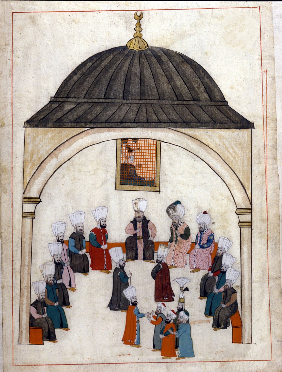 Administration under Det Osmanniske Rige: en høring ledet af Storvesiren. Miniature fra "" Turkish Memorials"" (codex Cicogna 1971 "Memorie Turchesche") Akvarel fra det 17. århundredes venetianske skole. af Venetian School
