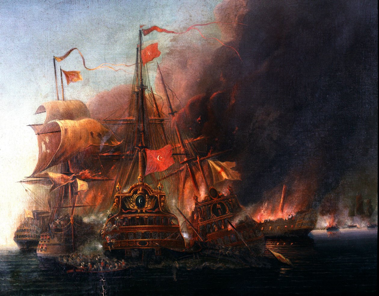 Kamp mellem de osmanniske flåder og de venetianske flåder ud for Famagusta under belejringen af Cypern i 1570 Maleri af den venetianske skole i det 16. århundrede. Istanbul, Søfartsmuseet af Venetian School