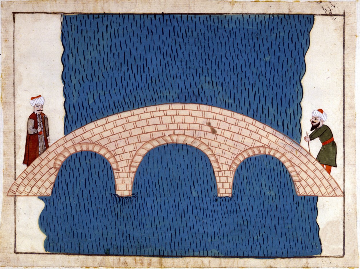 Konstantinopel. Galata-broen. Miniature fra "" Turkish Memorials"" (codex Cicogna 1971 "Memorie Turchesche") Akvarel fra det 17. århundredes venetianske skole. af Venetian School