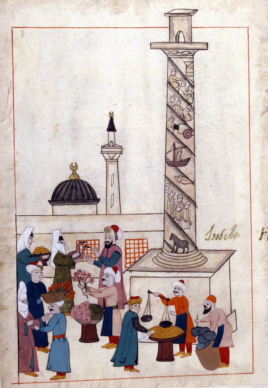 Konstantinopel; basaren (eller gåture) nær obelisken. Miniature fra "" Turkish Memorials"" (codex Cicogna 1971 "Memorie Turchesche") Akvarel fra det 17. århundredes venetianske skole. af Venetian School