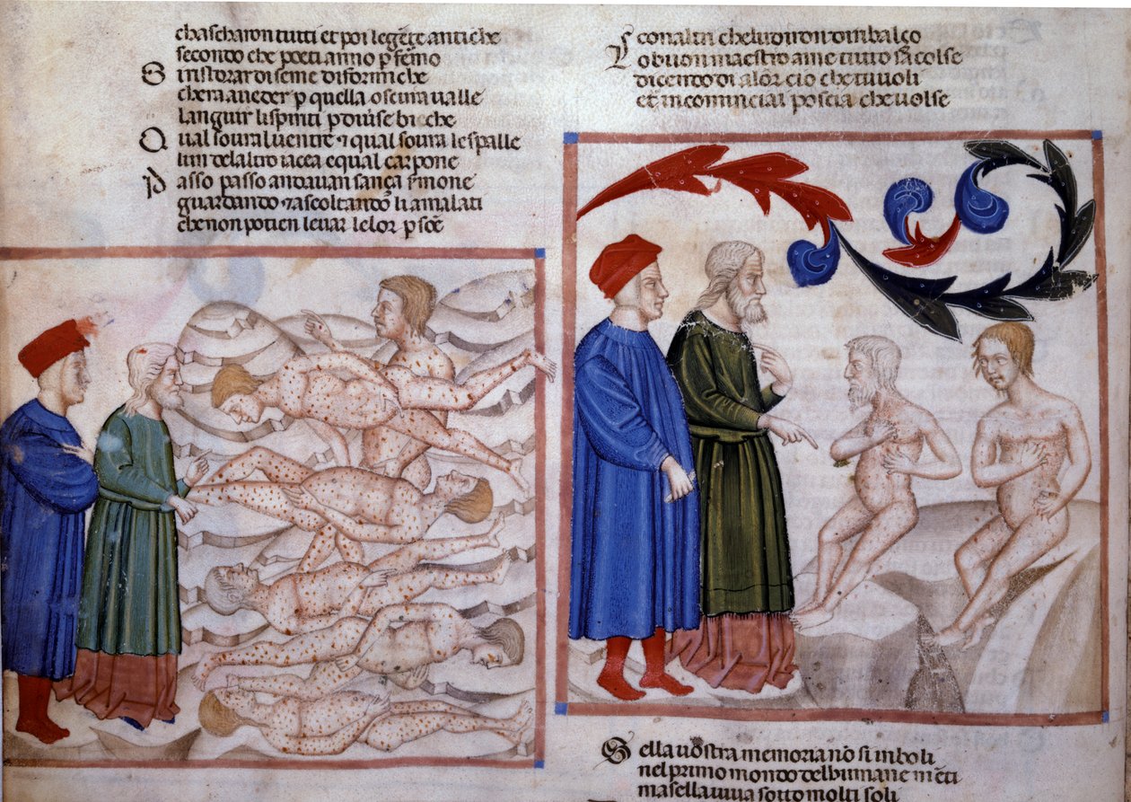 Dante og Vergil i samtale med Grifolino fra Arezzo og Capocchio fra Siena. 14. århundrede (miniature) af Venetian School