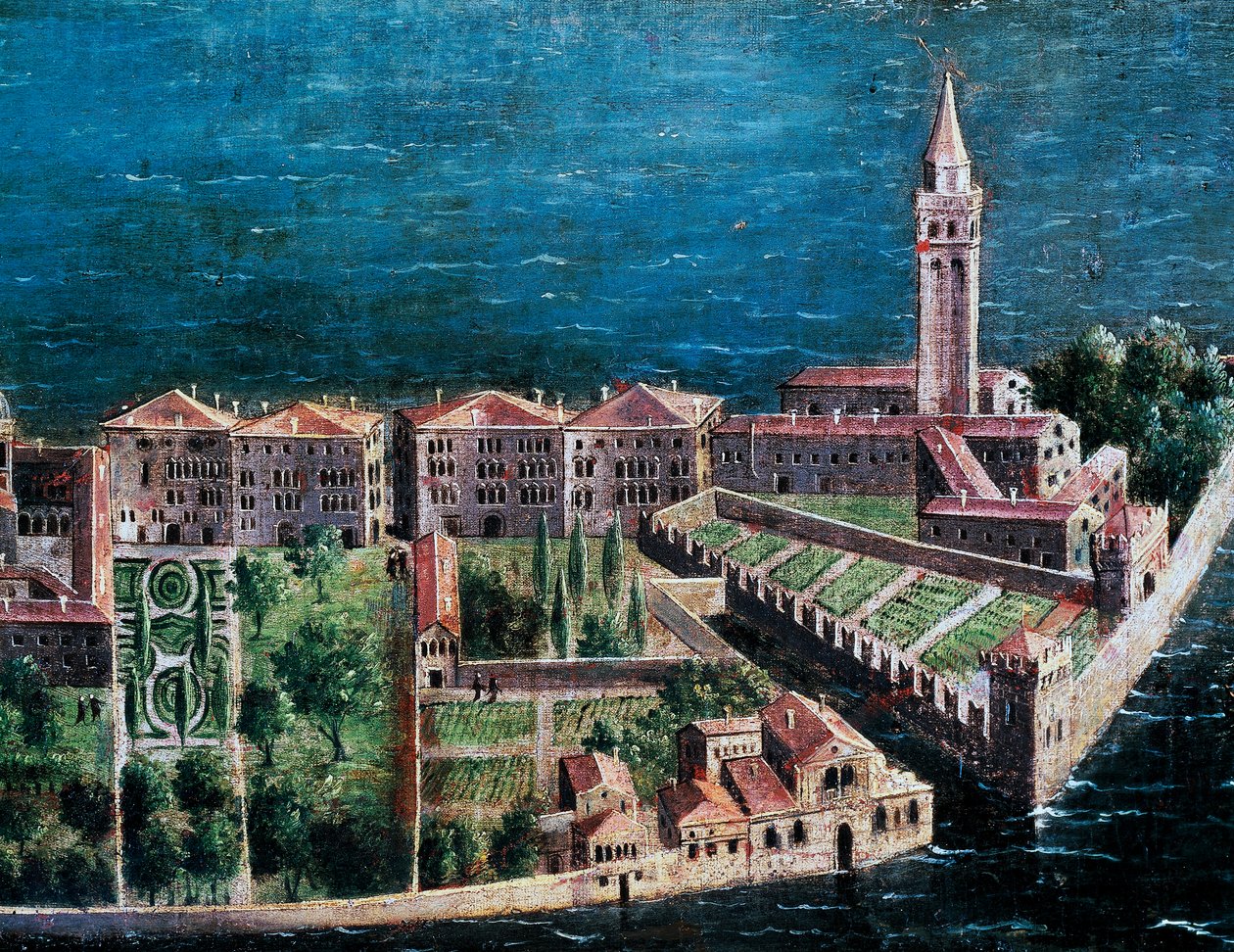 Have ved siden af Church of Redeemer, detaljer fra fugleperspektiv af Venedig, maleri af den venetianske skole, Italien af Venetian School