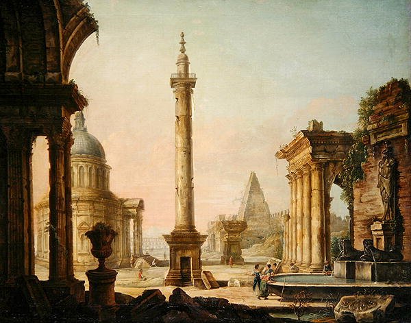 Imaginær udsigt med søjlemonument (olie på lærred) af Venetian School