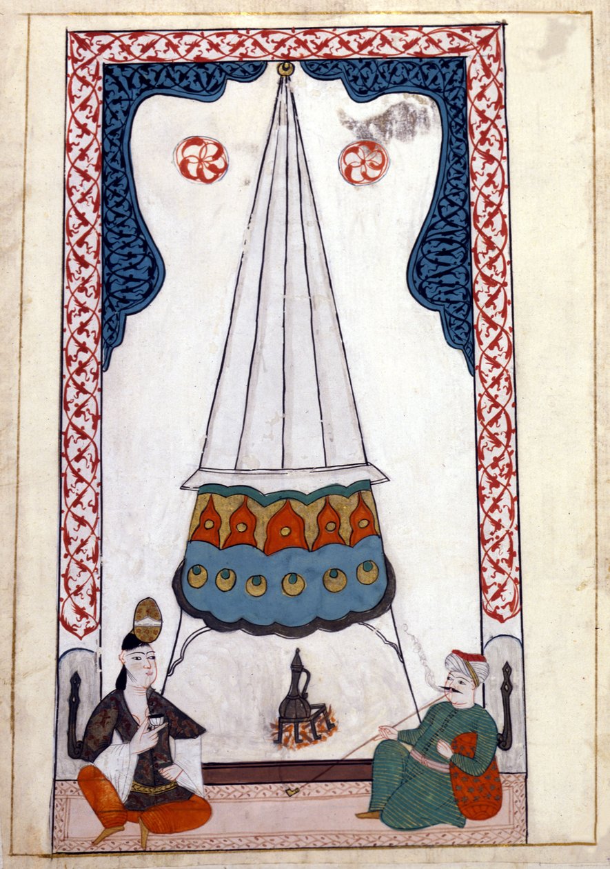 Indvendigt billede af en bolig i Tyrkiet under det osmanniske rige. Miniature fra "" Turkish Memorials"" (codex Cicogna 1971 "Memorie Turchesche") Akvarel fra det 17. århundredes venetianske skole. af Venetian School