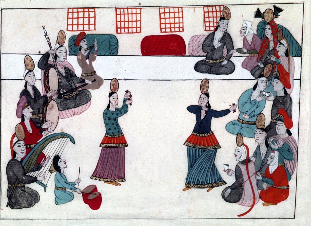 Musikere og dansere under Det Osmanniske Rige. Miniature fra "" Turkish Memorials"" (codex Cicogna 1971 "Memorie Turchesche") Akvarel fra det 17. århundredes venetianske skole. af Venetian School