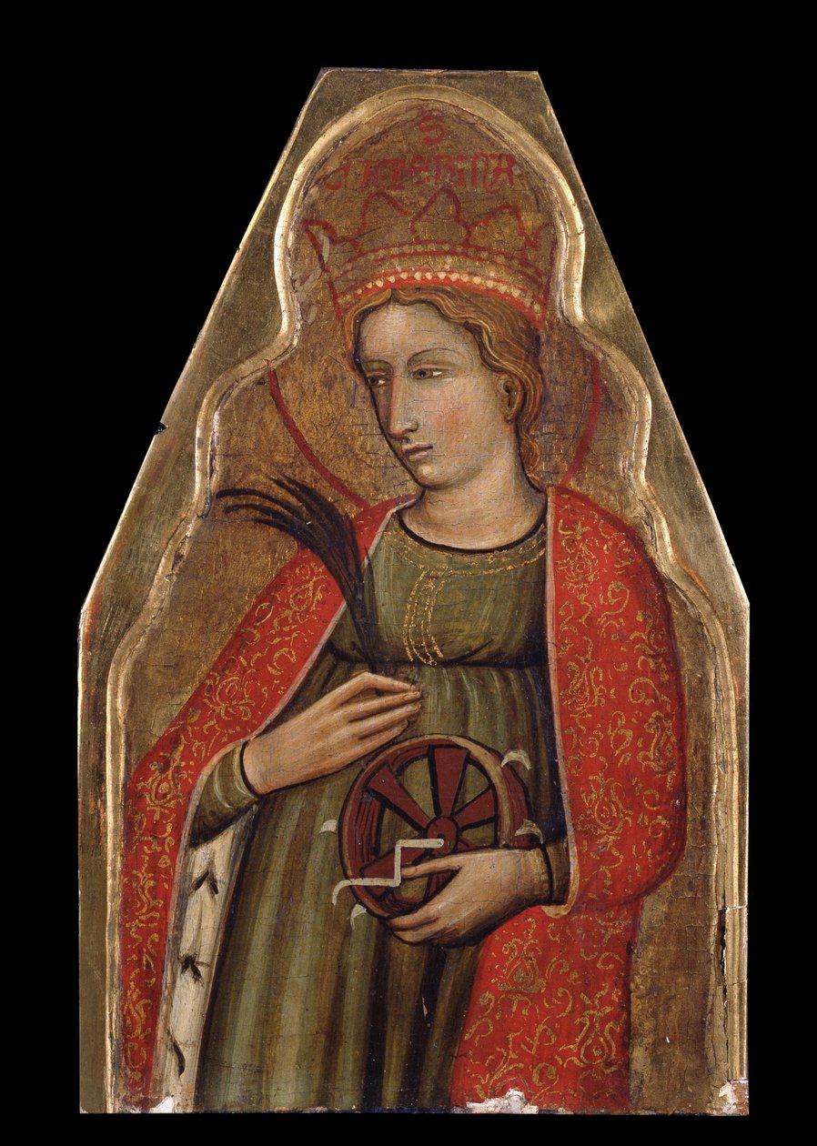 Den hellige Katarina af Alexandria (Saint Katarina). Maleri af en venetiansk mester. Tempera på træ, 26 x 16,5 cm, anden halvdel af 1300-tallet. Venetiansk kunst, italiensk gotisk kunst. Privat samling. af Venetian School