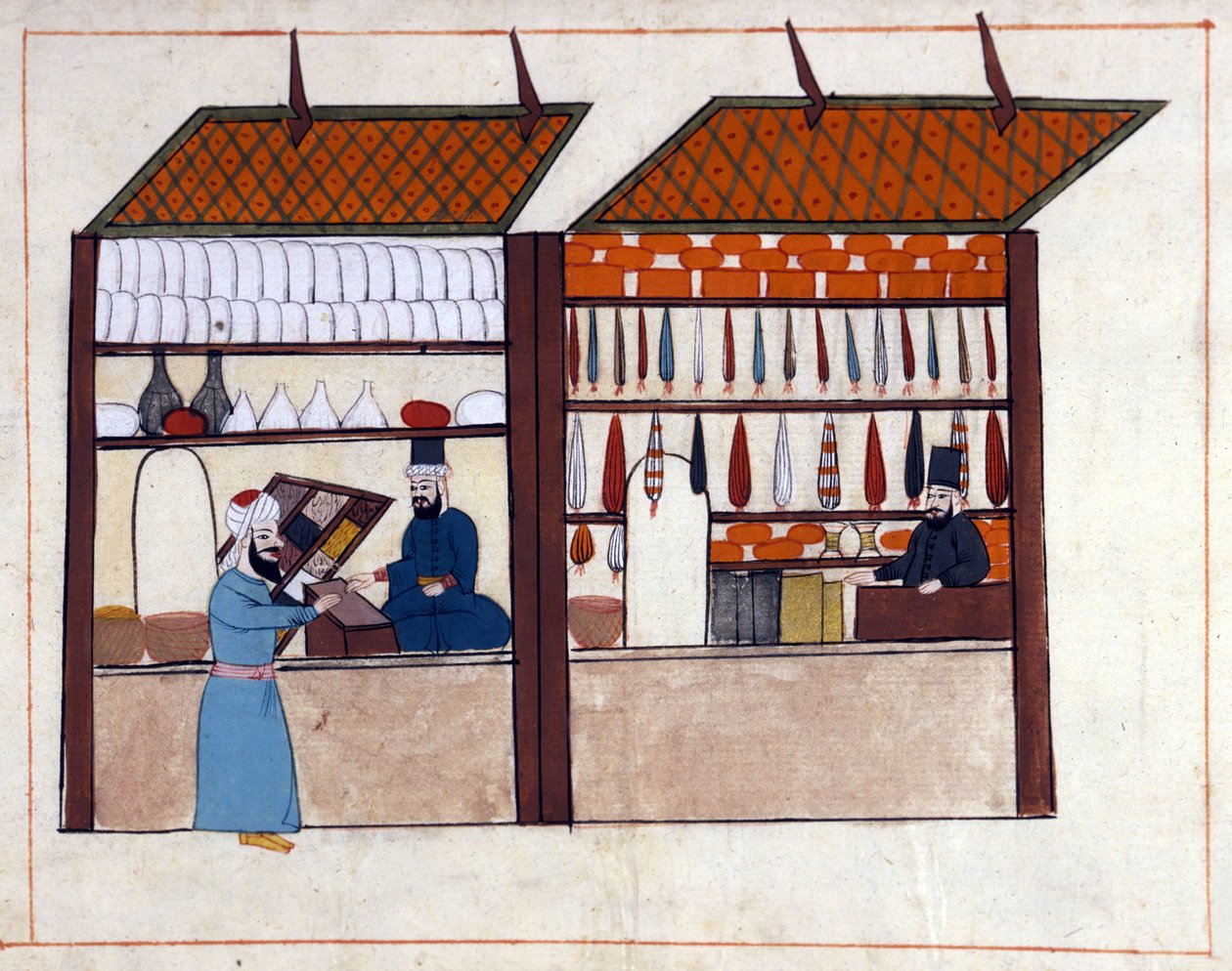 Butikker (krydderihandler) i Konstantinopel, Tyrkiet under Det Osmanniske Rige. Miniature fra "" Turkish Memorials"" (codex Cicogna 1971 "Memorie Turchesche") Akvarel fra det 17. århundredes venetianske skole. af Venetian School