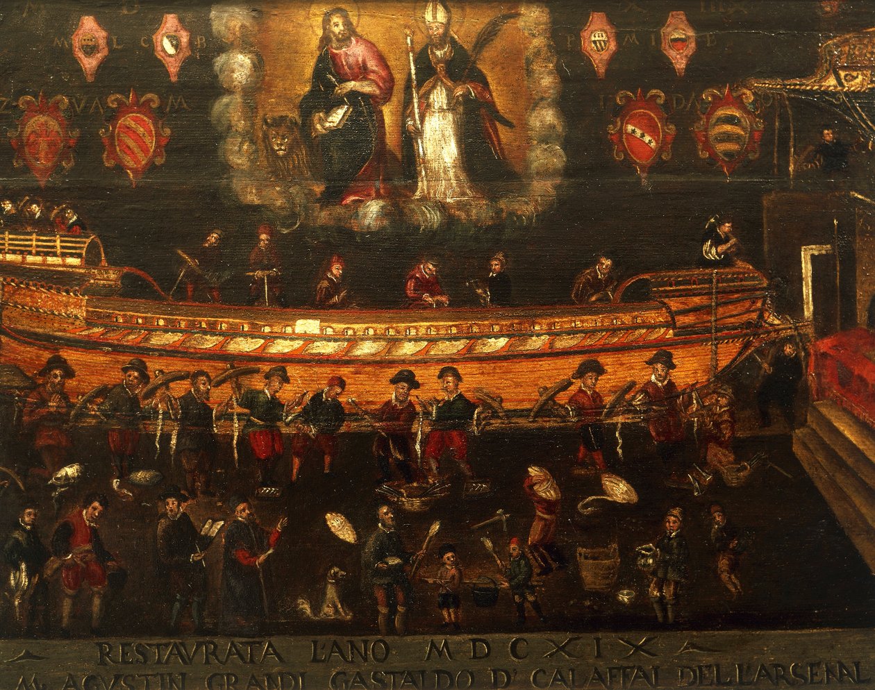 Skilt af Guild of Ship Building i Arsenale i Venedig, Italien af Venetian School