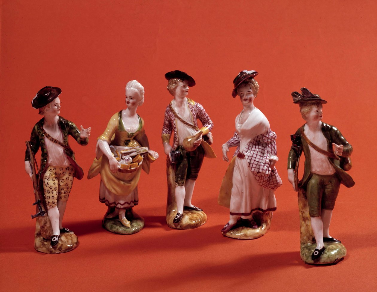 Små figurer, der repræsenterer karakterer (jæger, menagere, dame i det høje samfund...) Porcelænsstatuetter fra det 18. århundredes venetianske skole. Paris, dekorativ kunst af Venetian School