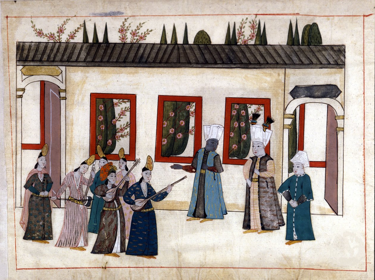 Sultanen besøger favoritten sammen med moderen og høvdingen for eunukkerne. Miniature fra "" Turkish Memorials"" (codex Cicogna 1971 "Memorie Turchesche") Akvarel fra det 17. århundredes venetianske skole. af Venetian School