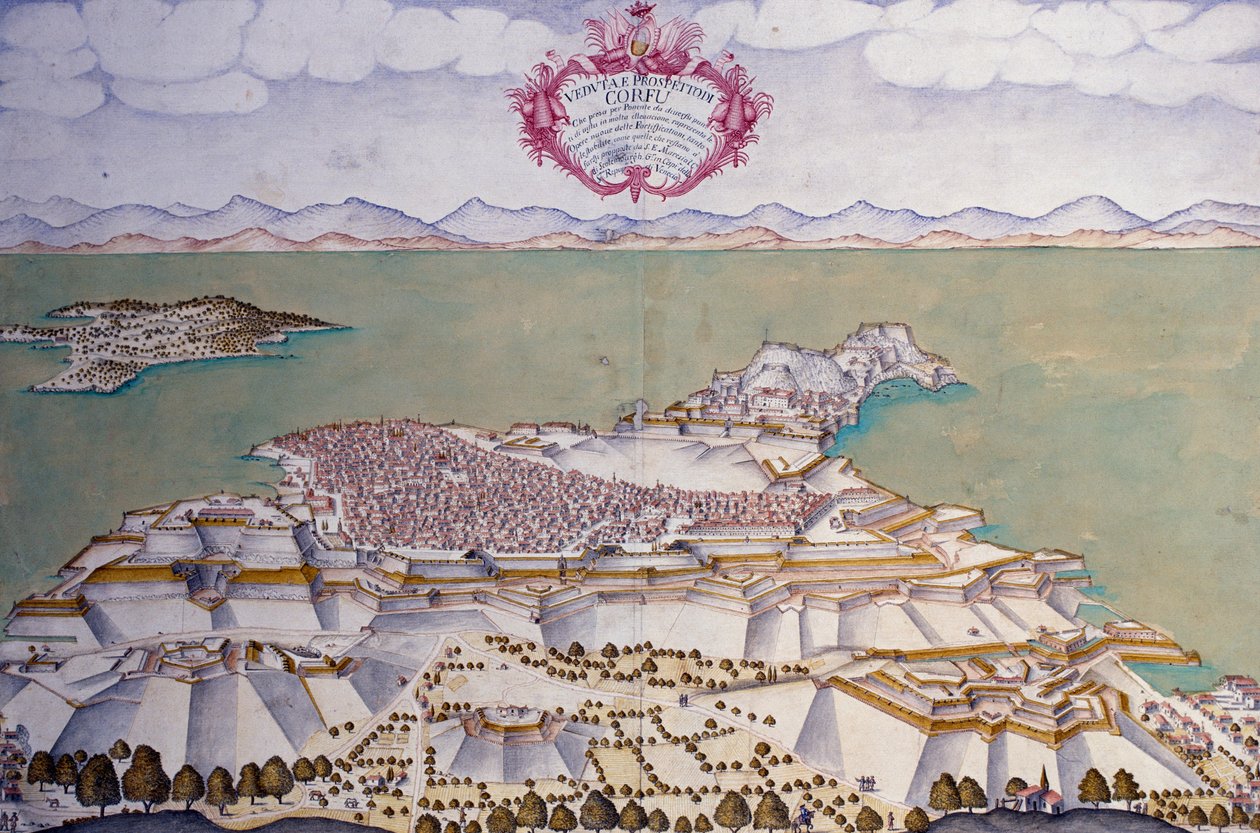Plan over Korfu med dens befæstninger, venetiansk statsarkiv af Venetian School