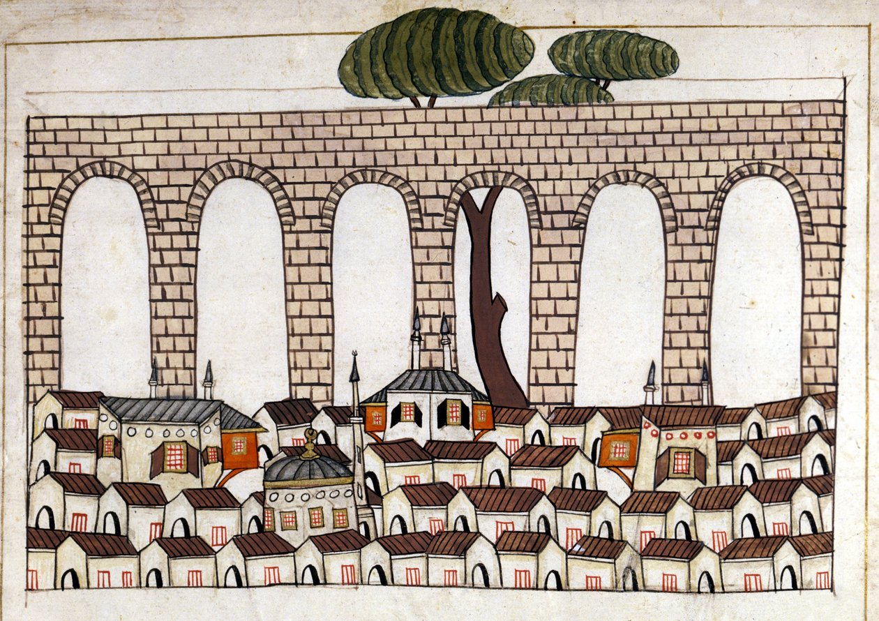 Udsigt over Konstantinopel og dens akvædukt. Miniature fra "" Turkish Memorials"" (codex Cicogna 1971 "Memorie Turchesche") Akvarel fra det 17. århundredes venetianske skole. af Venetian School