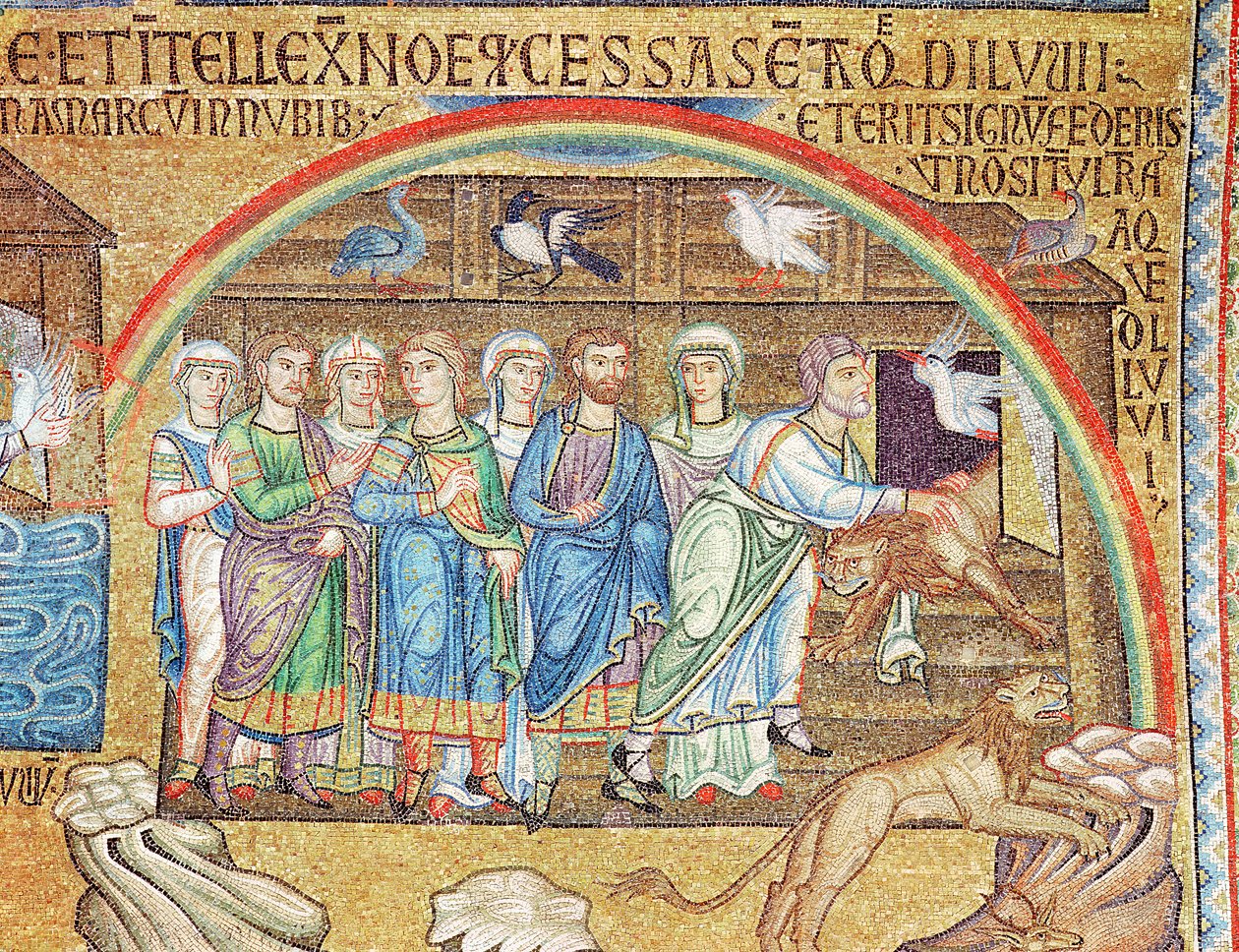 Syndfloden, fra Atrium, detalje af Noa, der slipper dyrene ud af arken (mosaik) af Byzantine School