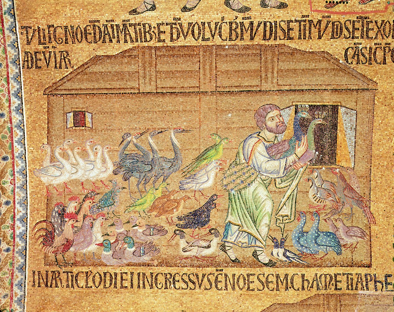 Syndfloden, fra Atrium, detalje af Noa, der sætter fugle på arken (mosaik) af Byzantine School