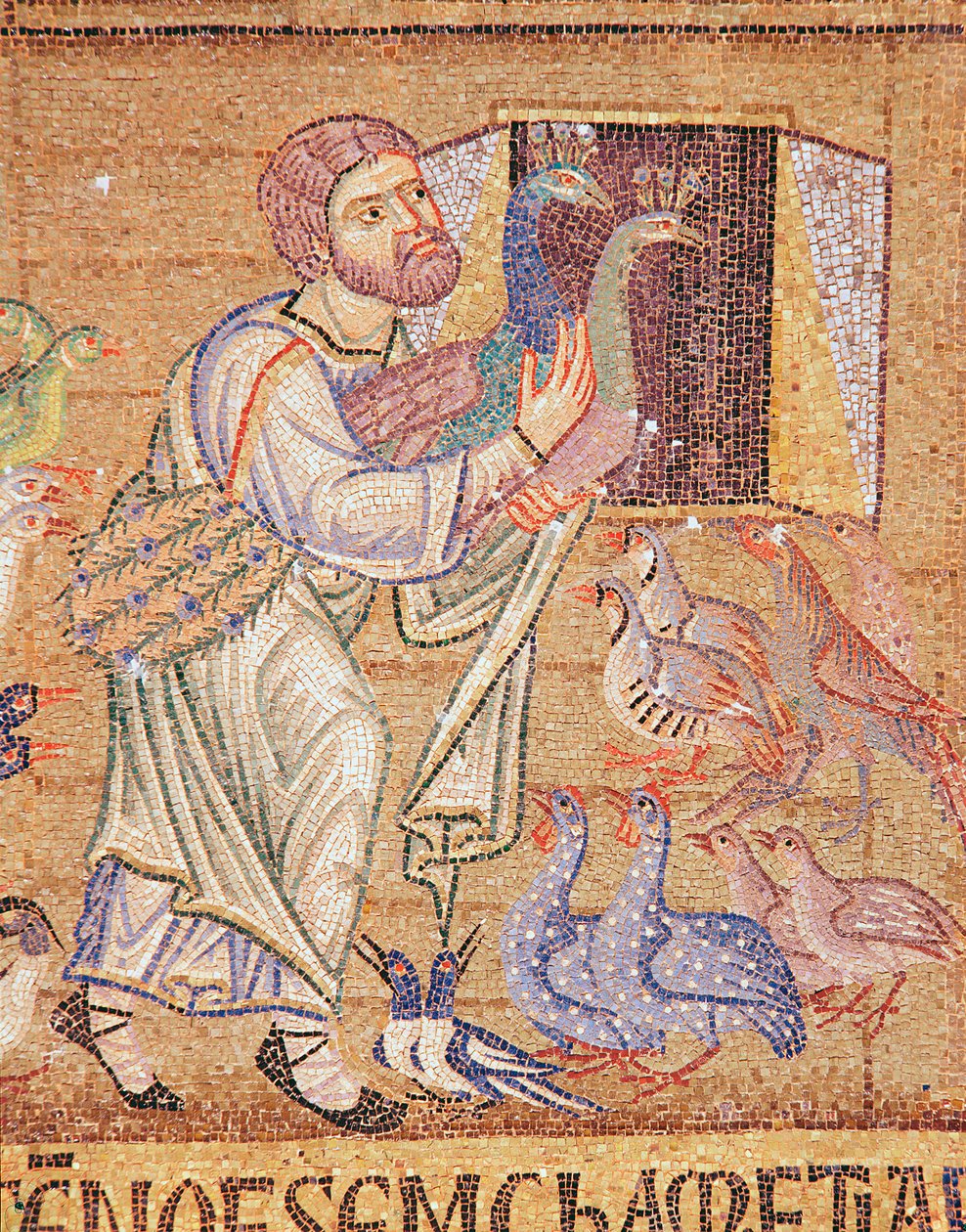 Syndfloden, fra Atrium, detalje af Noa, der sætter påfugle på arken (mosaik) af Byzantine School