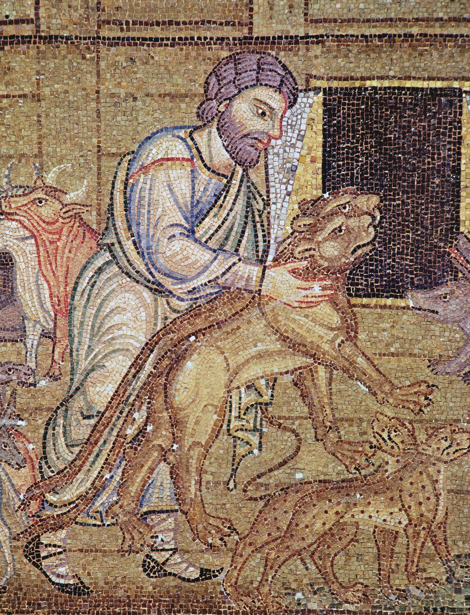 Syndfloden, fra Atrium, detalje af Noa, der sætter vilde dyr på arken (mosaik) (detaljer fra 249414) af Byzantine School