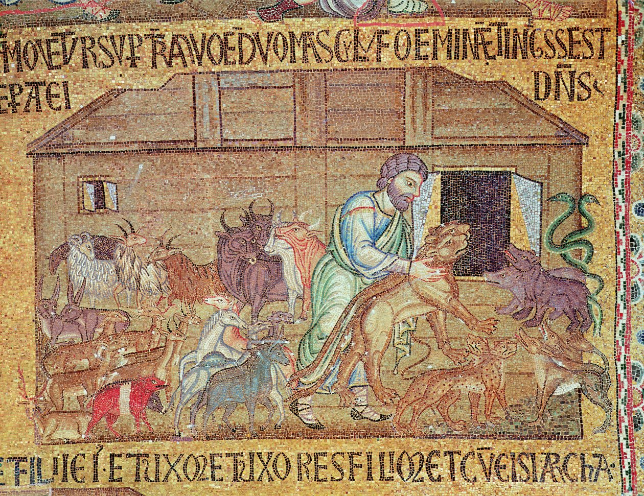 Syndfloden, fra Atrium, detalje af Noa, der sætter vilde dyr på arken (mosaik) af Byzantine School