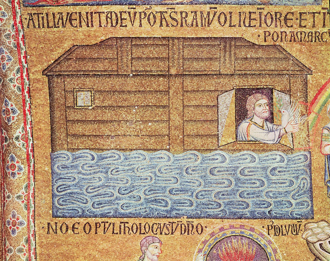 Syndfloden, fra Atrium, detalje af Noa, der modtager den hvide due (mosaik) af Byzantine School