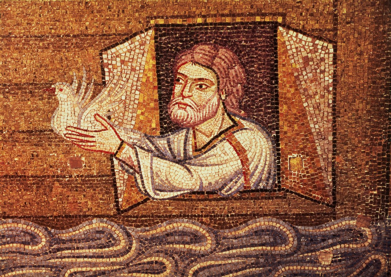 Syndfloden, fra Atrium, detalje af Noa, der slipper den hvide due (mosaik) af Byzantine School