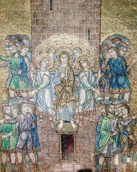 Babelstårnet, detalje af Kristus og helgener, der spreder arbejderne af Byzantine School